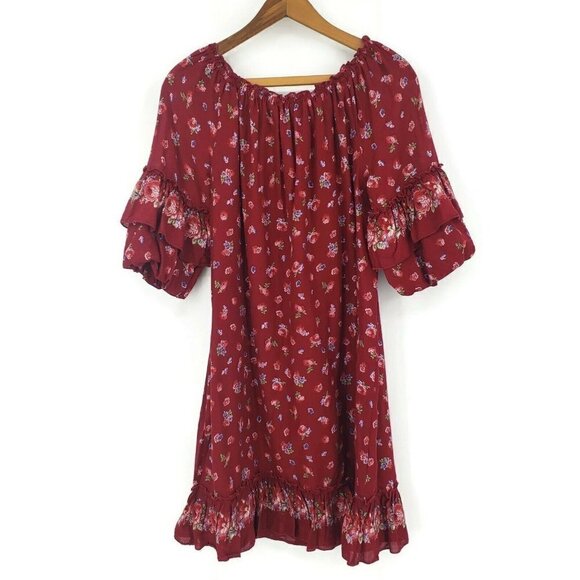 New Max Studio London Peasant Dress Womens Small Burgundy Floral Off Shoulder - Picture 3 of 5